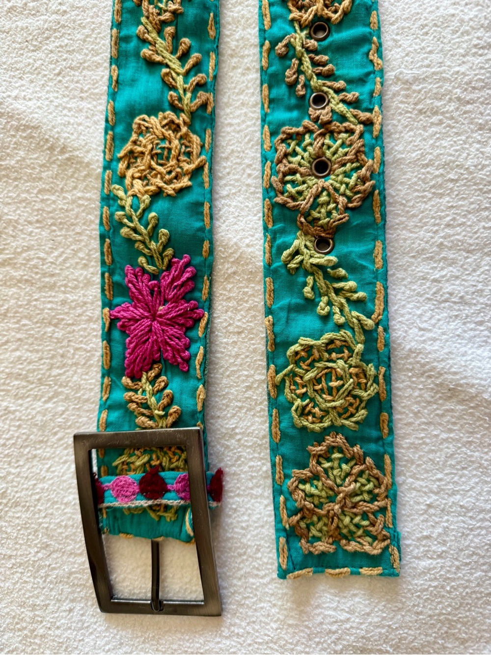 Boho Embroidered Teal Women's Fabric Belt with Pink Accent
